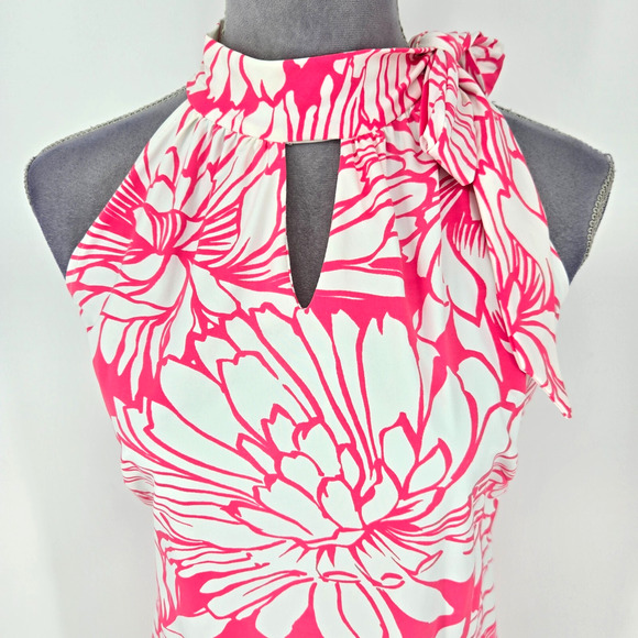 Katherine Way Dress Womens Medium Pink White Floral Stretch Knit Bow at Neck - Picture 7 of 11